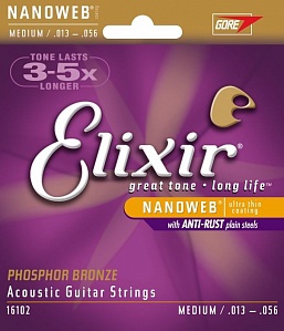 ELIXIR 16102 --  струны для акустической гитары Phos Bronze, NanoWeb Extra Light (013-056)