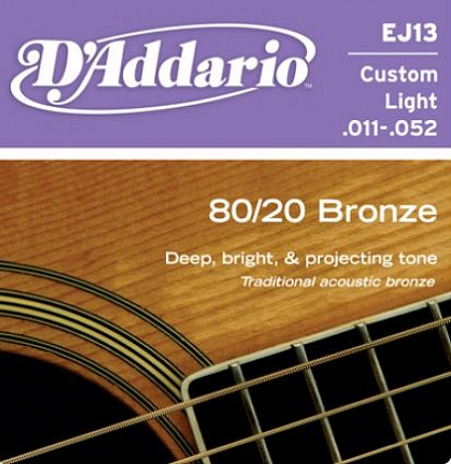 D'ADDARIO EJ13 BRONZE -- струны для акустической гитары, бронза 80/20, Custom Light 11-52