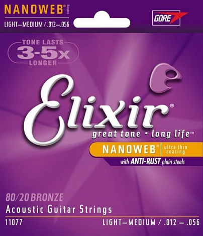 ELIXIR 11077 NanoWeb Light-Medium -- струны для акустической гитары (012-016-024-035-045-056)