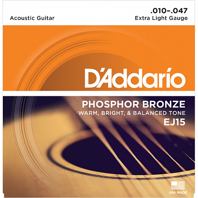D'ADDARIO EJ15 PHOSPHOR BRONZE -- струны для акустической гитары, фосфор/бронза , Extra Light 10-47